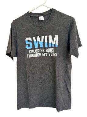 Port and Company Men's Dark Gray Swim Tee with White and Blue Graphic
